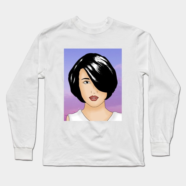 Hand Drawn Short Hair Girl Long Sleeve T-Shirt by GerrArt